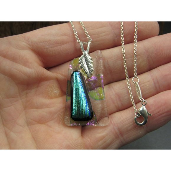 18" Sterling Silver Handmade Glass Nature Leaf Pendant Necklace Vintage - Picture 2 of 6